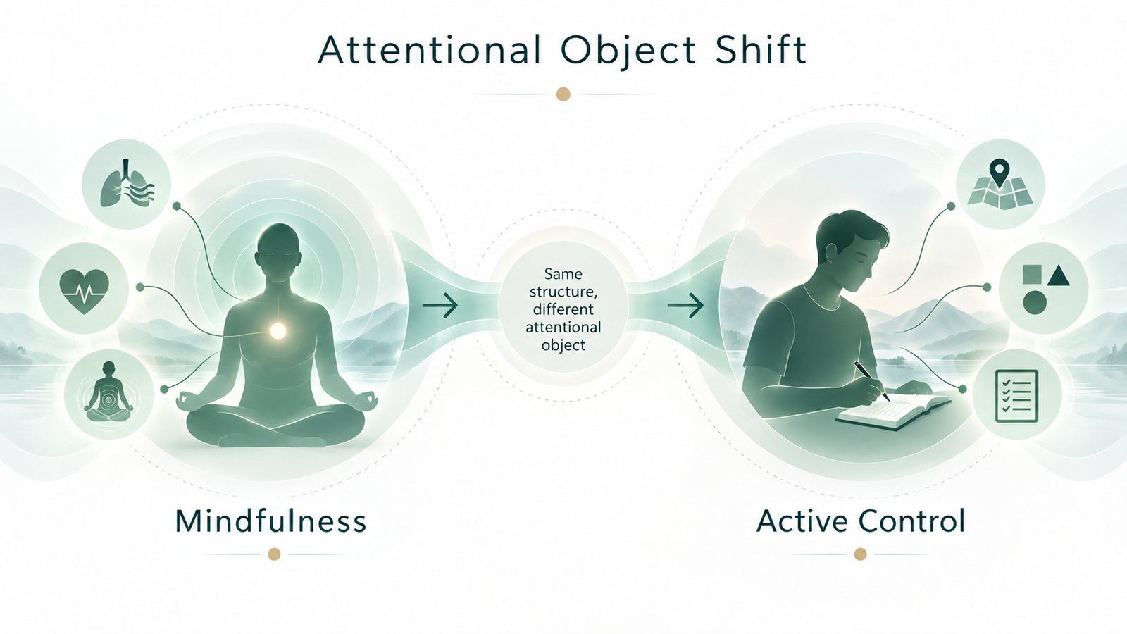 Diagram titled Attentional Object Shift: a meditating figure labelled Mindfulness and a figure writing in a notebook labelled Active Control, joined by the caption same structure, different attentional object.