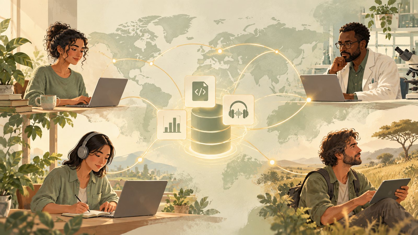 Illustration of researchers in different settings around the world — at a desk, in a lab, outdoors — connected to one shared data and audio resource.