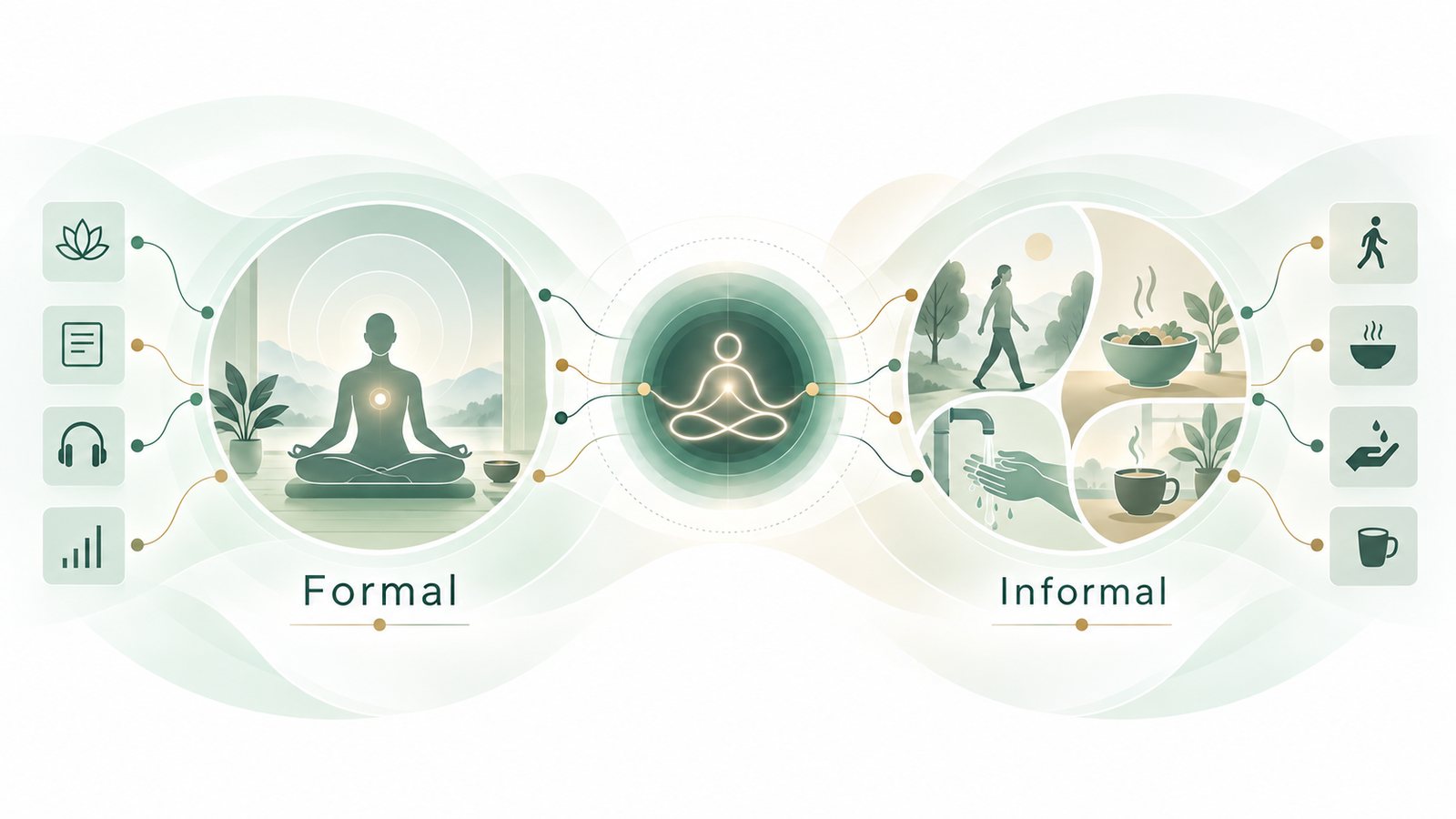 Diagram: formal seated practice on the left and informal everyday practices — walking, eating, handwashing, drinking tea — on the right, both connected to one central architecture.