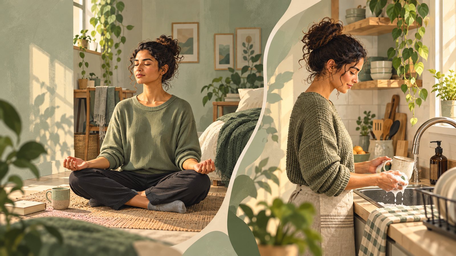 The same woman practising mindfulness two ways: seated meditation at home, and mindful attention while washing a cup at the kitchen sink.