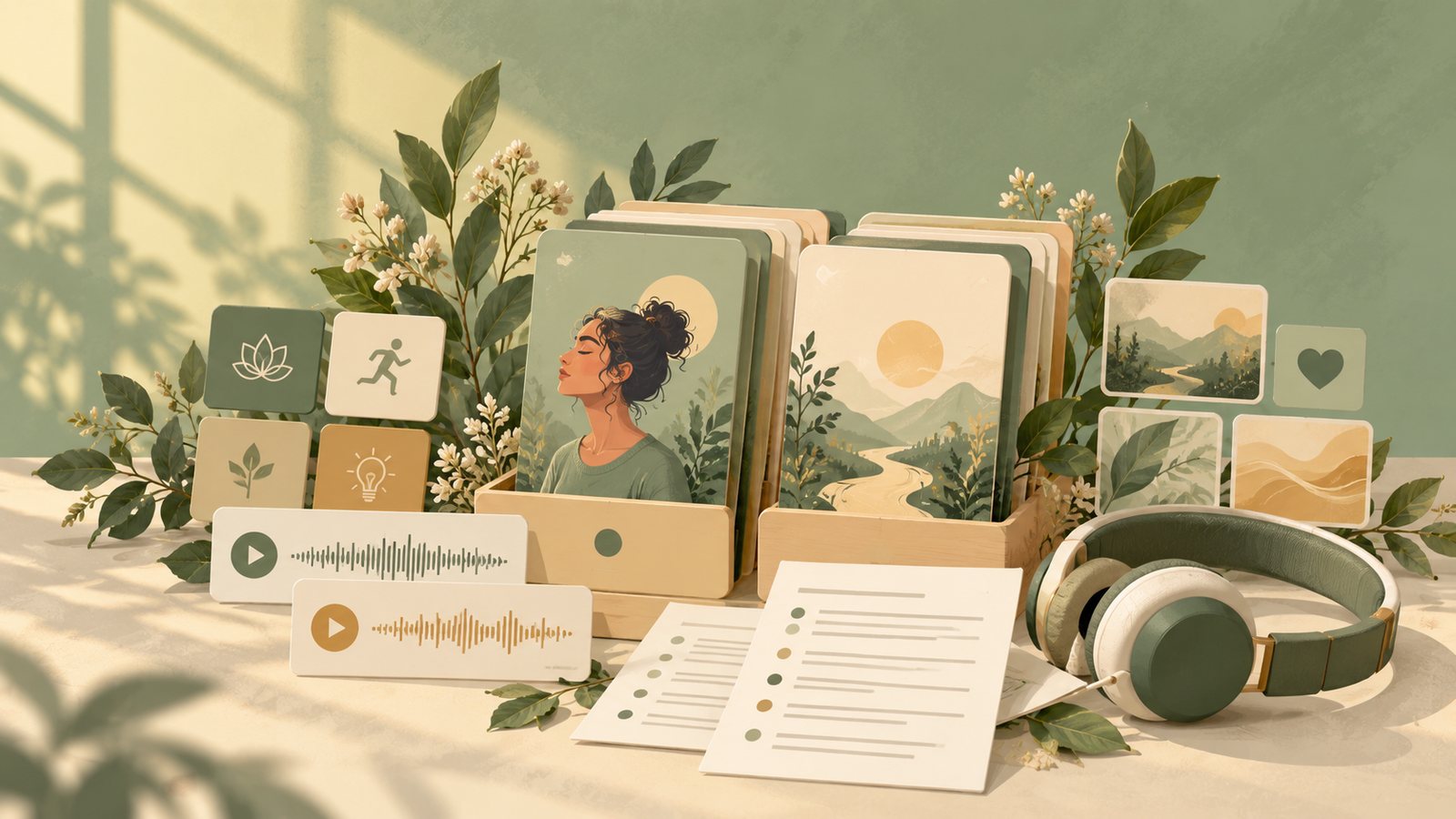 Illustrated library of mindfulness materials: audio tracks, printed scripts, theme cards and headphones arranged on a table.