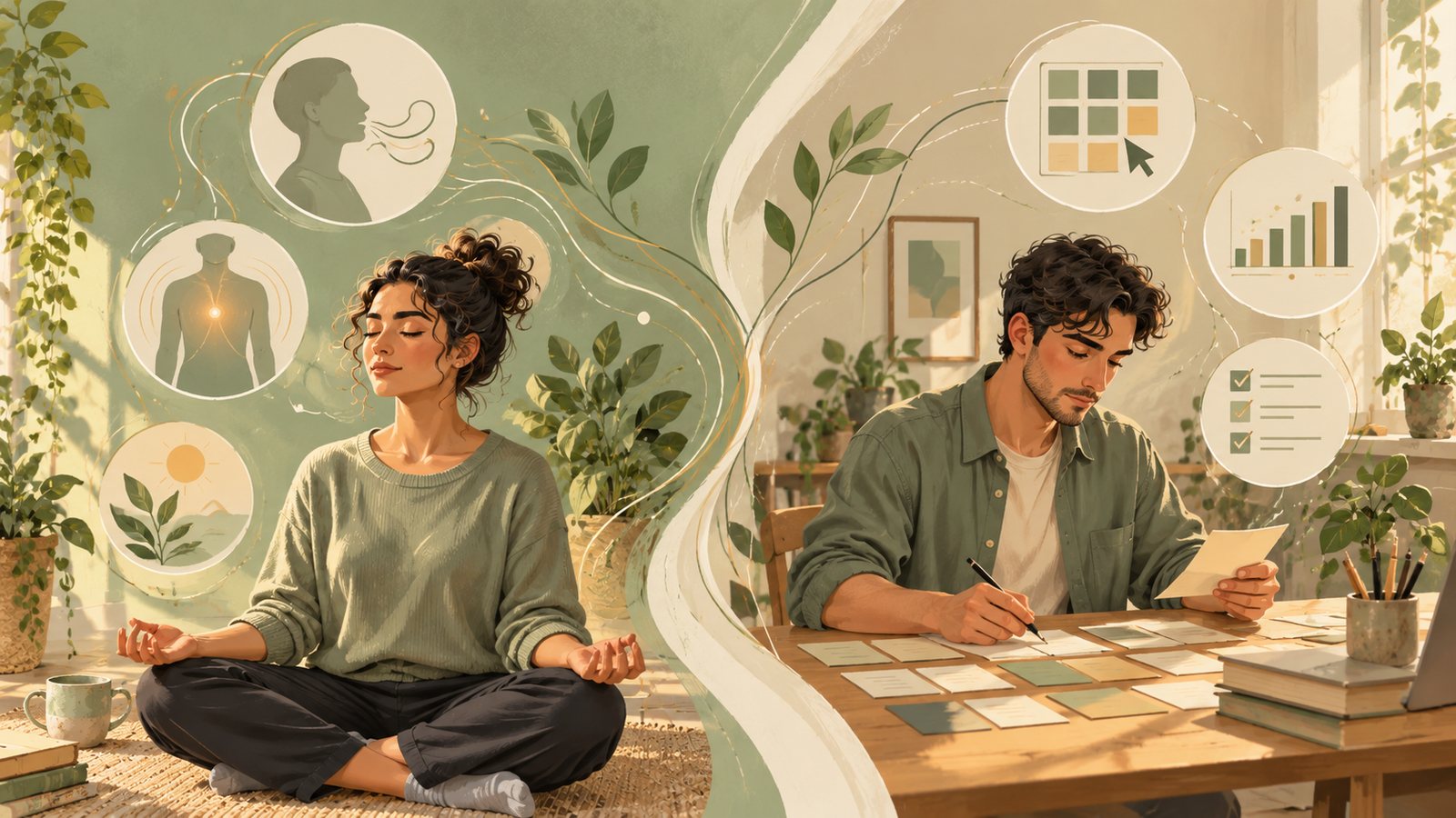 Split illustration: on the left a woman meditates with attention on breath and body sensations; on the right a man sorts and classifies cards at a desk.
