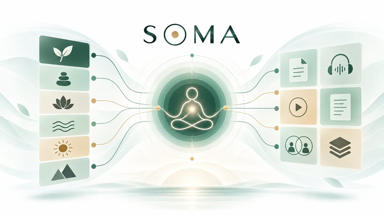 The SOMA library: six attitudinal themes connect through a central mindfulness practice to open scripts, audio files and matched session pairs.